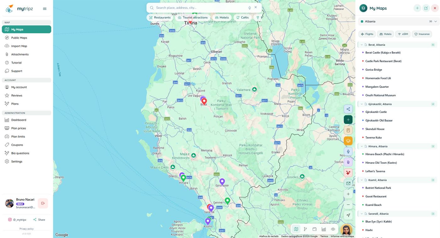 Tela do MyTripz com o roteiro da viagem no mapa
